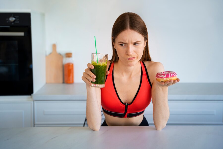 girl thinking what to choose between healthy smoothie and doughnut
