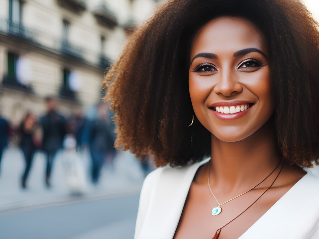 Young black woman with white teeth on blurry city background;